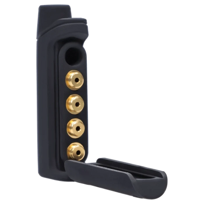 Close-up three-quarter view of the black X5 One Hitter with its hinged case open to reveal a vertical row of four gold-colored metal inserts.