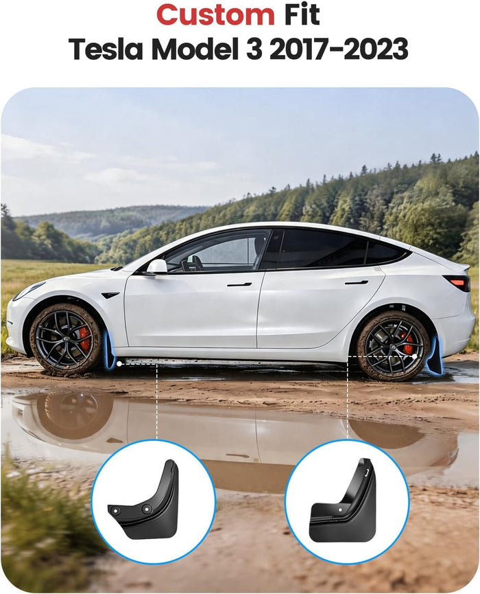 Xprite Mud Flaps for Tesla Model 3 2017-2023 ，Precision Fit No Drilling Splash Guards