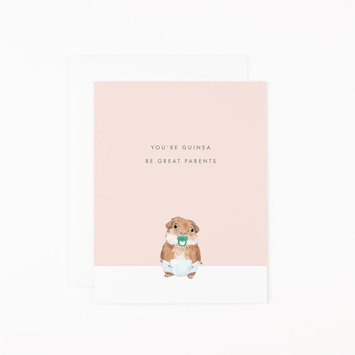 A Dear Hancock hand-painted greeting card featuring an image of a Guinea Pig holding a pacifier.