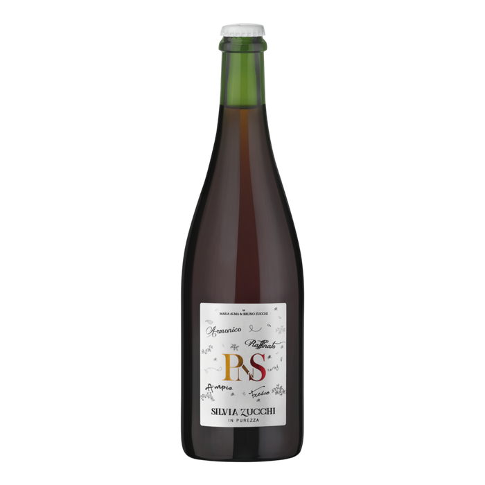 PNS sparkling red wine bottle with green cap and white label