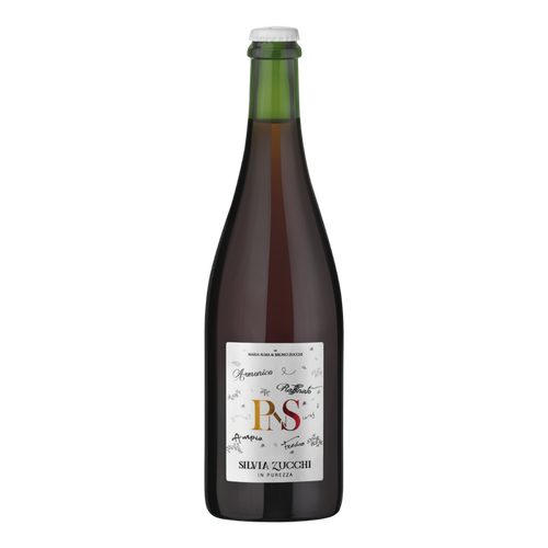 PNS sparkling red wine bottle with green cap and white label